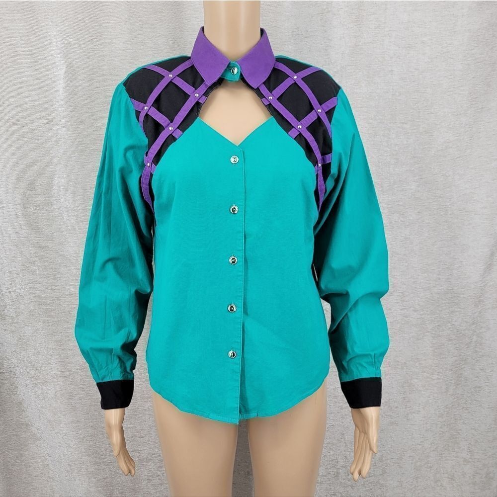 Roughrider Vintage Western Shirt Cut Out Teal and Purple Women's Top